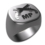 A sleek silver men's military style signet ring with a raised Military Police Badge logo on top and boasting a modern, polished finish.