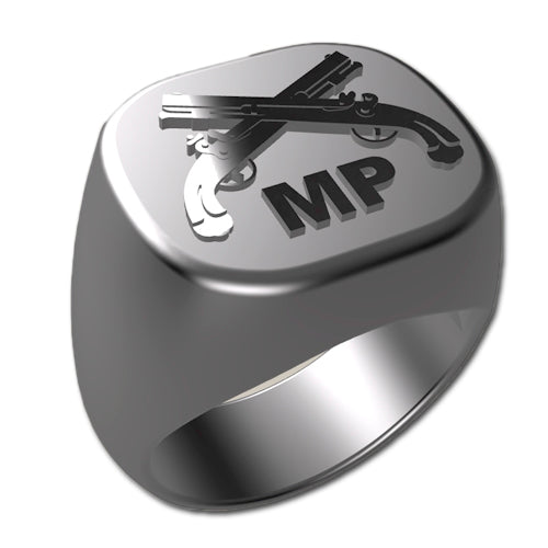 A sleek silver men's military style signet ring with a raised Military Police Badge logo on top and boasting a modern, polished finish.