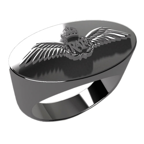 A sleek silver men's military style signet ring with a raised RAF Military logo on top and boasting a modern, polished finish.