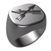 A sleek silver men's military style signet ring with a raised Special Forces Badge logo on top and boasting a modern, polished finish.