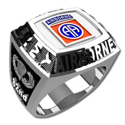 82nd Airborne Division Championship Style Type I Silver Ring - Echoing the design of championship rings, this ring features the 82nd Airborne emblem on top and the parachute logos on the sides