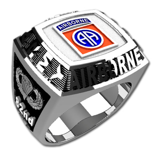 82nd Airborne Division Championship Style Type I Silver Ring - Echoing the design of championship rings, this ring features the 82nd Airborne emblem on top and the parachute logos on the sides