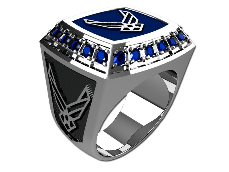 US Air Force Men's Championship Style Type III Silver Ring - The top of the ring contains 22 stones surrounding an air force logo on an enamel base