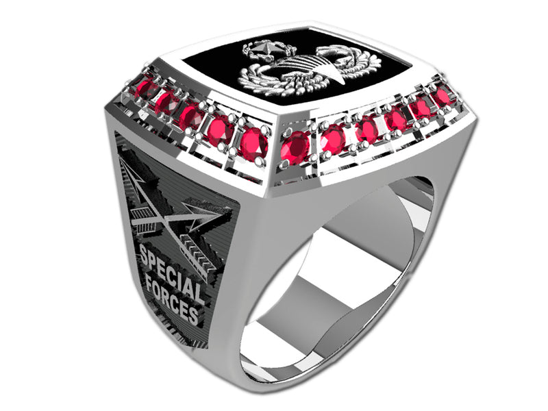US Army Men's Championship Style Type III Silver Ring - The top of the ring contains 22 stones surrounding an Army logo on an enamel base.