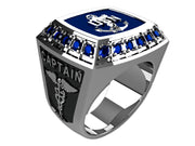 US Navy Men's Championship Style Type III Silver Ring - The top of the ring contains 22 stones surrounding an Navy logo on an enamel base