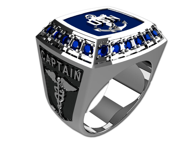 US Navy Men's Championship Style Type III Silver Ring - The top of the ring contains 22 stones surrounding an Navy logo on an enamel base
