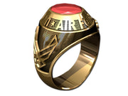 US Air Force Men's Goldtone Ring - Features a large, round gemstone set in a raised bezel with air force logos on the sides.