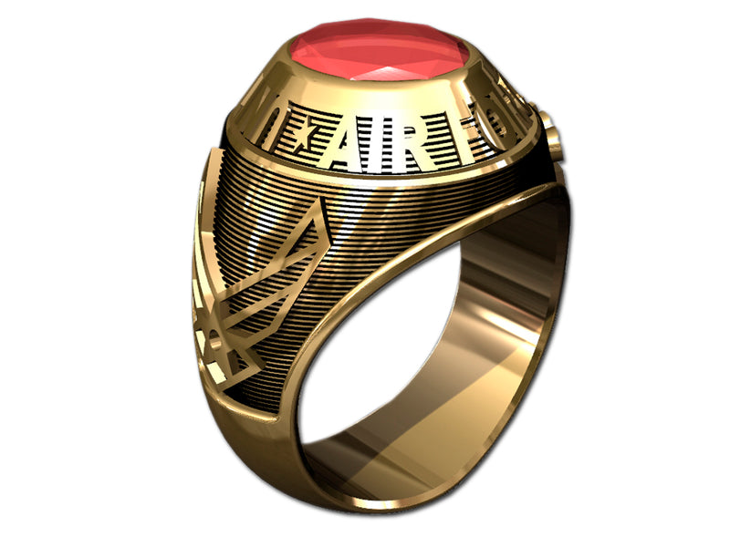 US Air Force Men's Goldtone Ring - Features a large, round gemstone set in a raised bezel with air force logos on the sides.