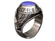 US Air Force Men's Silver Ring - Features a large, round gemstone set in a raised bezel with air force logos on the sides.