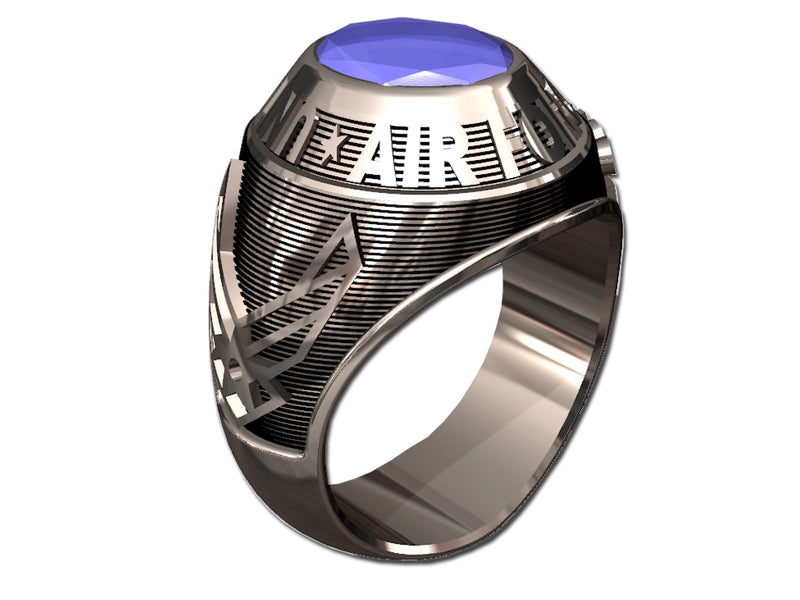 US Air Force Men's Silver Ring - Features a large, round gemstone set in a raised bezel with air force logos on the sides.
