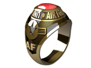 US Air Force Ladies Goldtone Ring - Features a large, round gemstone set in a raised bezel with air force logos on the sides.