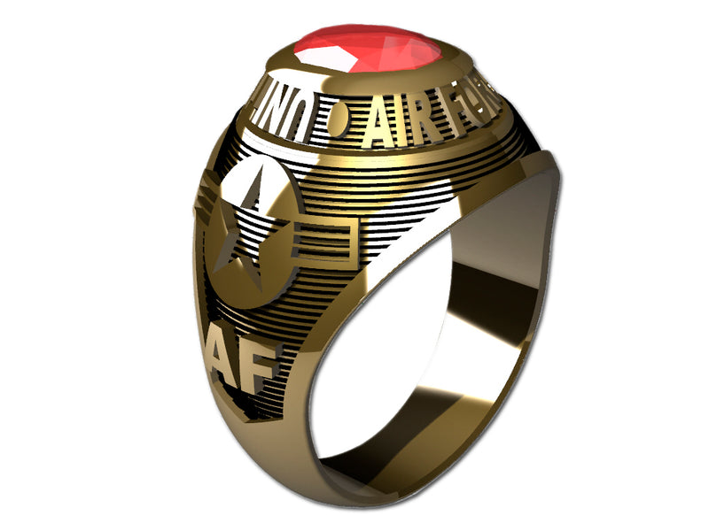 US Air Force Ladies Goldtone Ring - Features a large, round gemstone set in a raised bezel with air force logos on the sides.