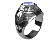 US Air Force Ladies Silver Ring - Features a large, round gemstone set in a raised bezel with air force logos on the sides.