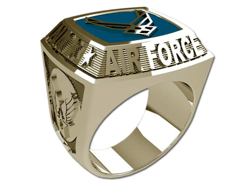 US Air Force Men's Championship Style Type II Goldtone Ring - The ring features Air Force insignia on the top and sides
