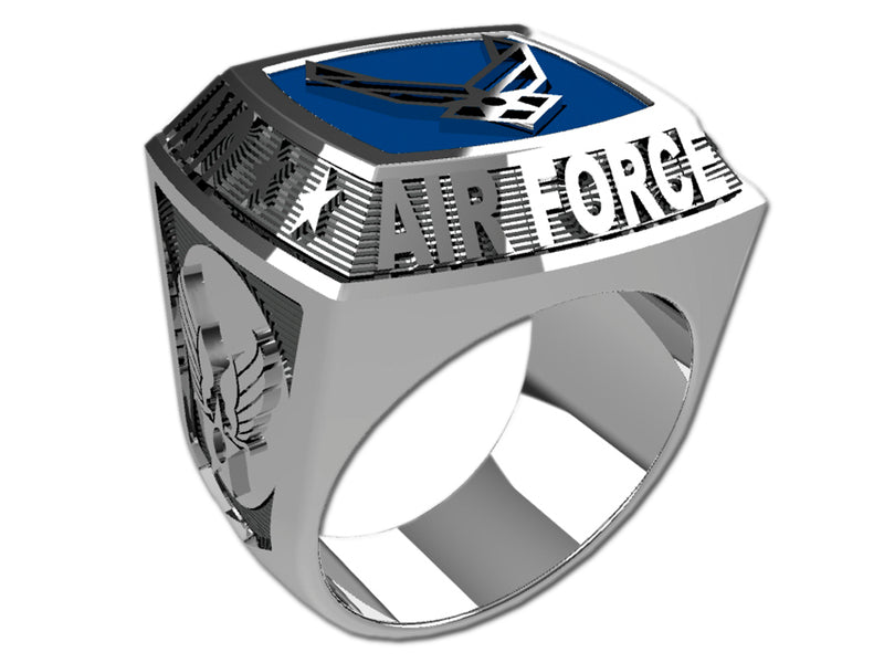 US Air Force Men's Championship Style Type II Silver Ring - The ring features Air Force insignia on the top and sides
