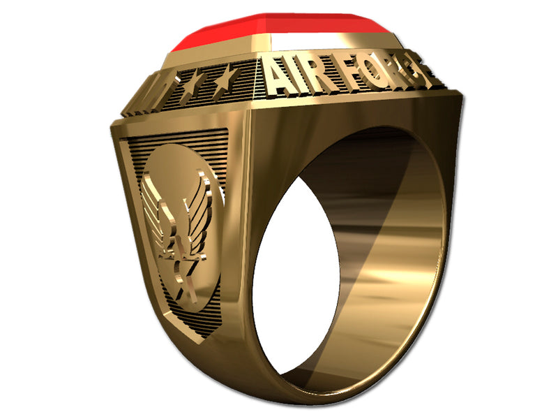 US Air Force Men's Championship Style Type I Goldtone Ring - Echoing the design of championship rings, this ring features Air Force insignia on the sides