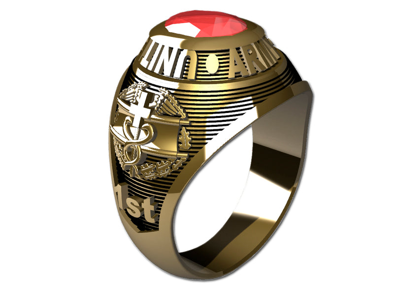 US Army Ladies Goldtone Ring - Features a large, round gemstone set in a raised bezel with army logos on the sides.