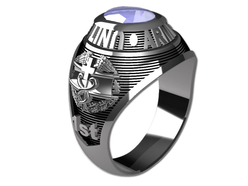 US Army Ladies Silver Ring - Features a large, round gemstone set in a raised bezel with army logos on the sides.