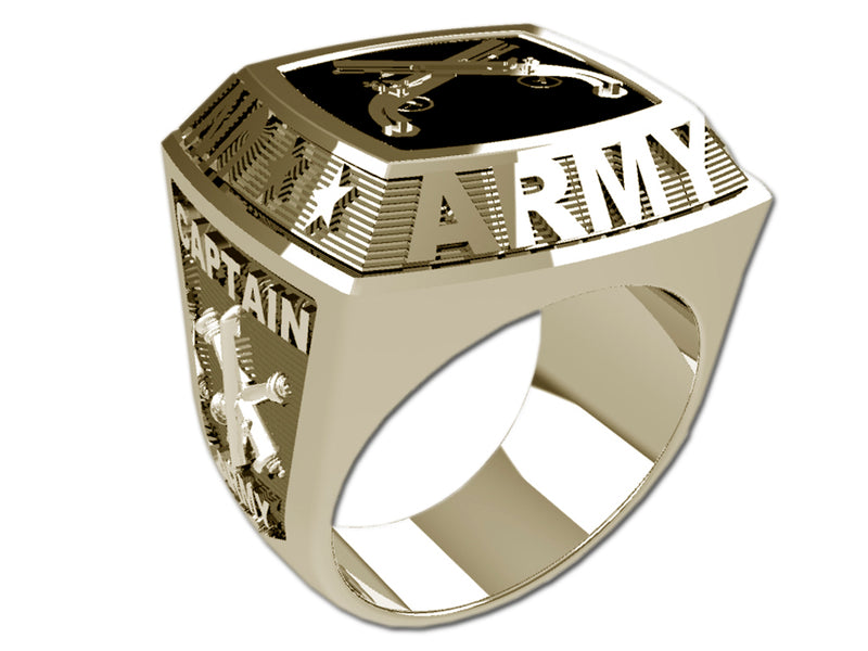 US Army Men's Championship Style Type II Goldtone Ring - The ring features Army insignia on the top and sides.