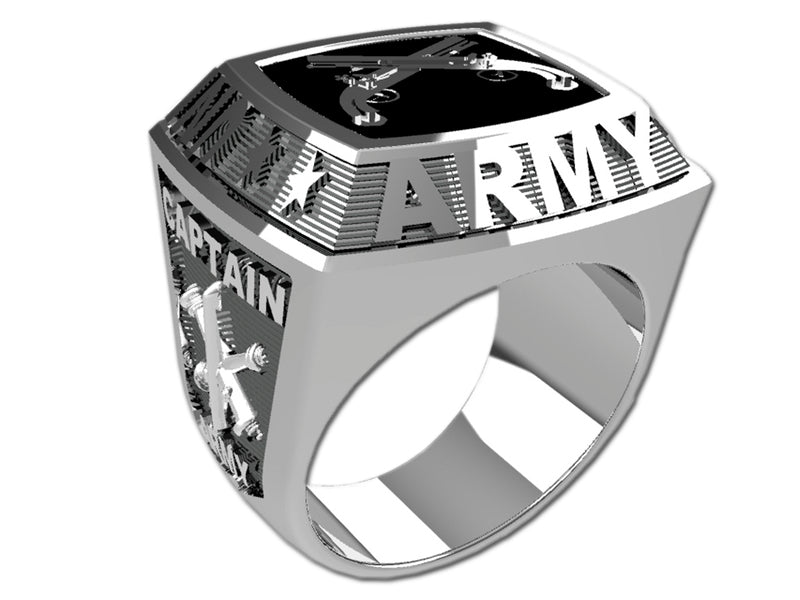 US Army Men's Championship Style Type II Silver Ring - The ring features Army insignia on the top and sides.