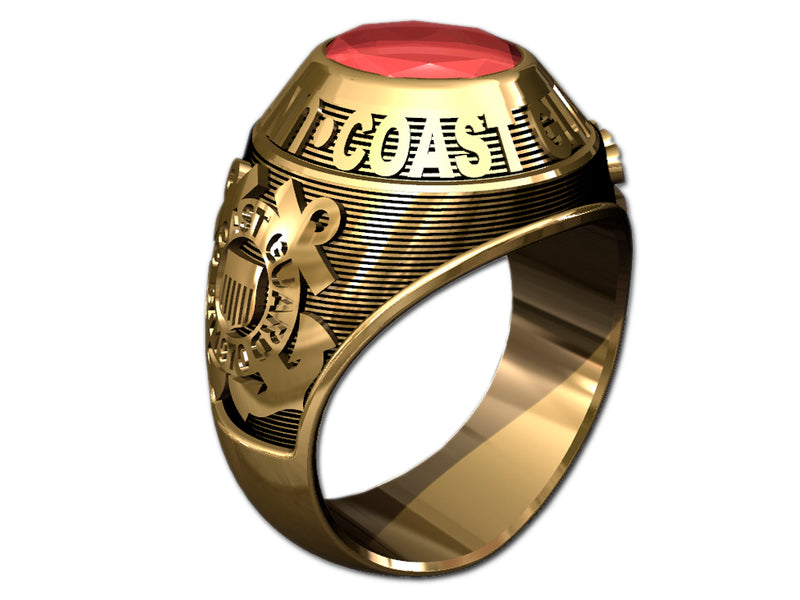 US Coast Guard Men's Goldtone Ring - Features a large, round gemstone set in a raised bezel with Coast Guard logos on the sides