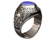 US Coast Guard Men's Silver Ring - Features a large, round gemstone set in a raised bezel with Coast Guard logos on the sides