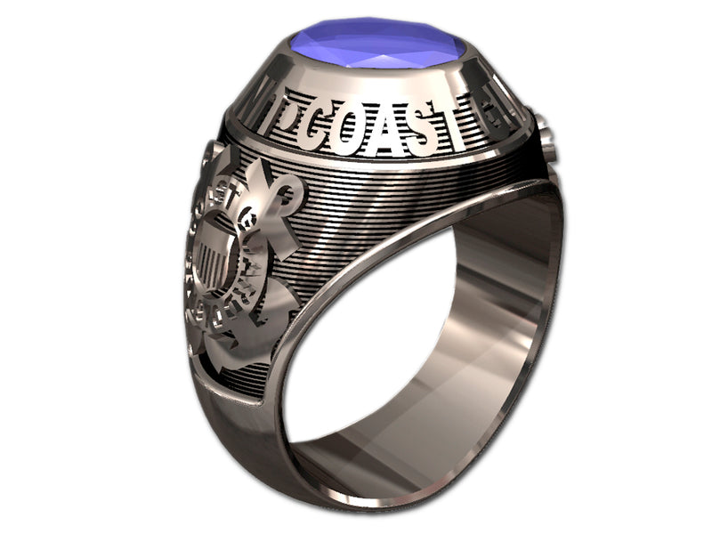 US Coast Guard Men's Silver Ring - Features a large, round gemstone set in a raised bezel with Coast Guard logos on the sides