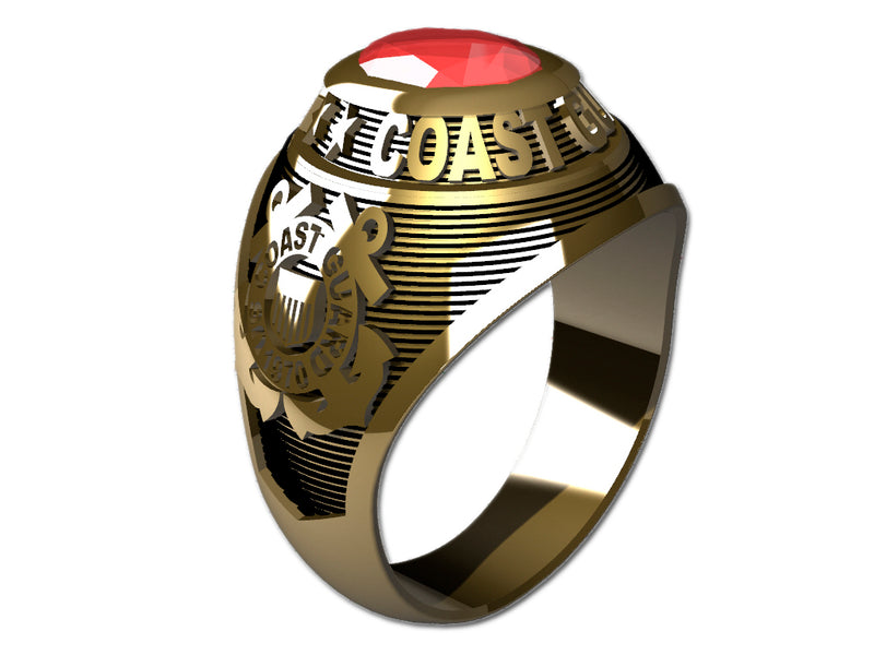 US Coast Guard Ladies Goldtone Ring - Features a large, round gemstone set in a raised bezel with Coast Guard logos on the sides