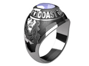 US Coast Guard Ladies Silver Ring - Features a large, round gemstone set in a raised bezel with Coast Guard logos on the sides