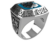 US Coast Guard Men's Championship Style Type II Silver Ring - The ring features Coast Guard insignia on the top and sides