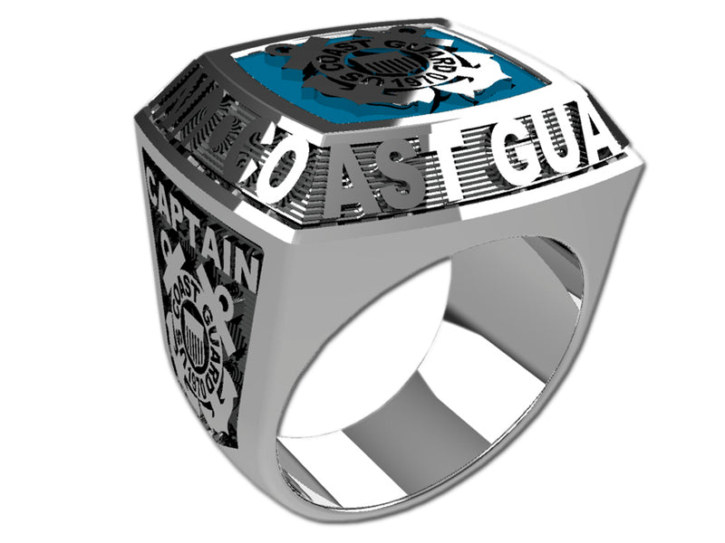 US Coast Guard Men's Championship Style Type II Silver Ring - The ring features Coast Guard insignia on the top and sides