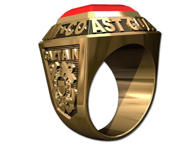 US Coast Guard Men's Championship Style Type I Goldtone Ring - Echoing the design of championship rings, this ring features Coast Guard insignia on the sides