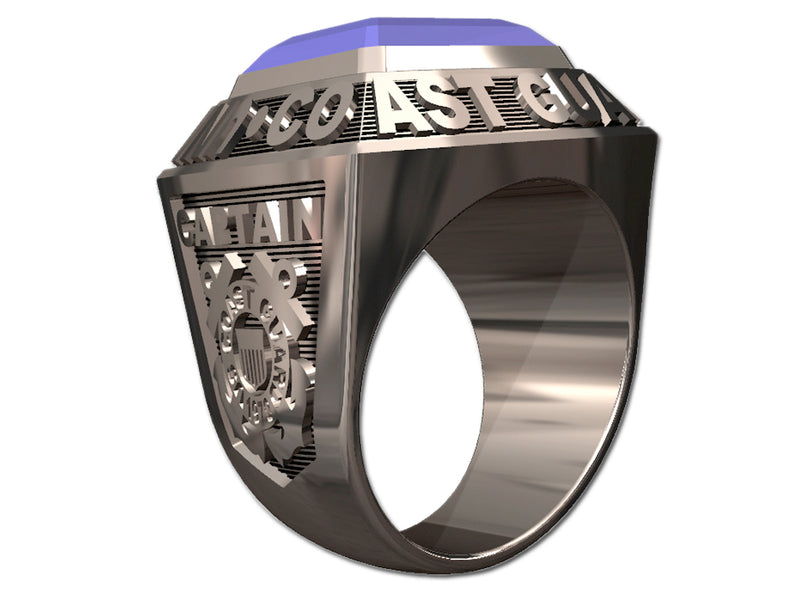 US Coast Guard Men's Championship Style Type I Silver Ring - Echoing the design of championship rings, this ring features Coast Guard insignia on the sides