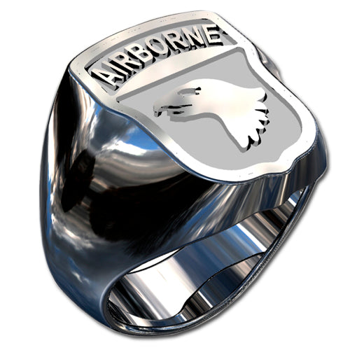 A sleek silver men's military style ring with a raised 101st Airborne Division Badge logo on top and boasting a modern, polished finish.