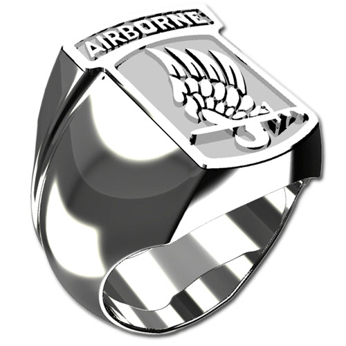 A sleek silver men's military style rectangular ring with a raised 173rd Airborne Brigade Combat Team logo on top and boasting a modern, polished finish.