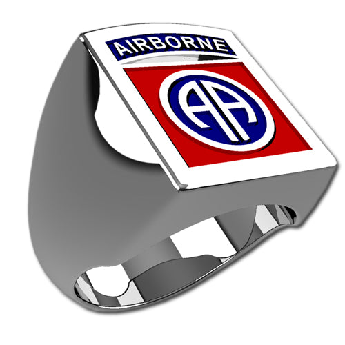 A sleek silver men's military style square ring with a raised 82nd Airborne Division Badge logo with enamel on top and boasting a modern, polished finish.