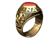US Navy Men's Goldtone Ring - Features a large, round gemstone set in a raised bezel with Navy logos on the sides