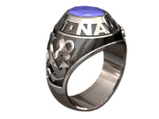 US Navy Men's Silver Ring - Features a large, round gemstone set in a raised bezel with Navy logos on the sides