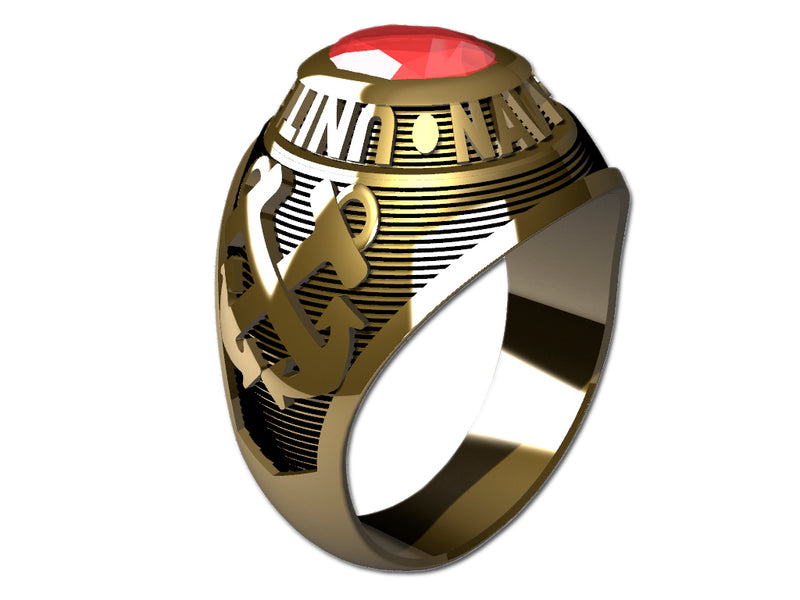 US Navy Ladies Goldtone Ring - Features a large, round gemstone set in a raised bezel with Navy logos on the sides