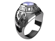 US Navy Ladies Silver Ring - Features a large, round gemstone set in a raised bezel with Navy logos on the sides