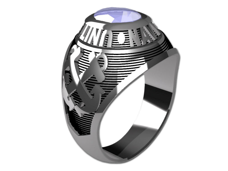 US Navy Ladies Silver Ring - Features a large, round gemstone set in a raised bezel with Navy logos on the sides