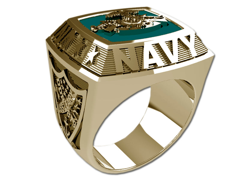 US Navy Men's Championship Style Type II Goldtone Ring - The ring features Navy insignia on the top and sides