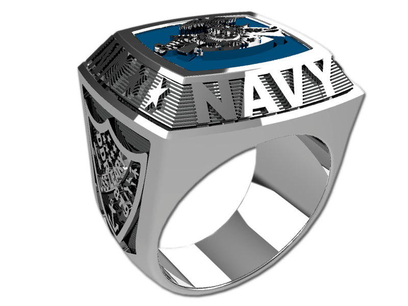 US Navy Men's Championship Style Type II Silver Ring - The ring features Navy insignia on the top and sides
