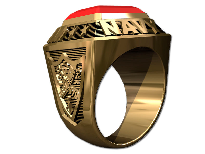 US Navy Men's Championship Style Type I Goldtone Ring - Echoing the design of championship rings, this ring features Navy insignia on the sides