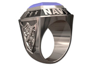 US Navy Men's Championship Style Type I Silver Ring - Echoing the design of championship rings, this ring features Navy insignia on the sides