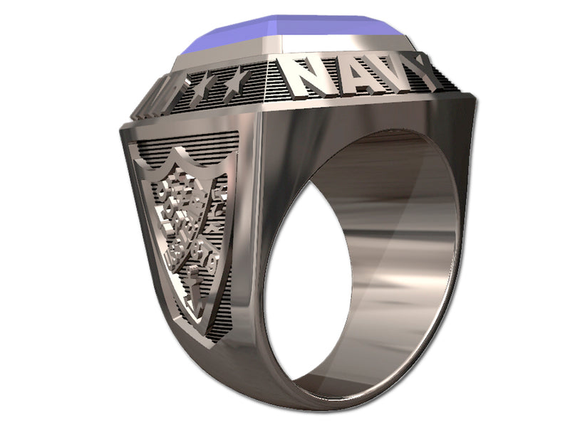 US Navy Men's Championship Style Type I Silver Ring - Echoing the design of championship rings, this ring features Navy insignia on the sides
