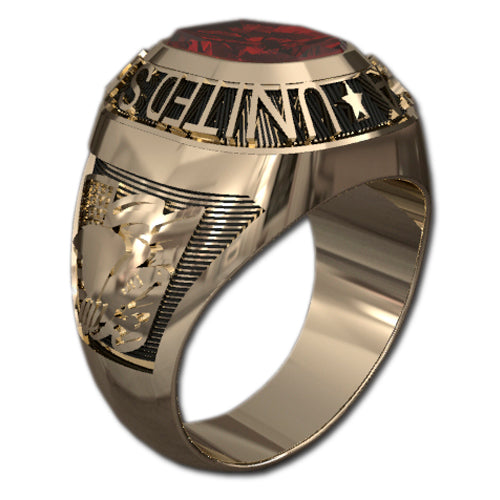USA Goldtone Ring - Features a large, round gemstone set in a raised bezel with USA logos on the sides