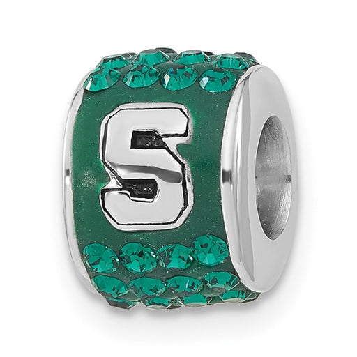 Sterling Silver Michigan State University Polished Green Crystal Bead Charm