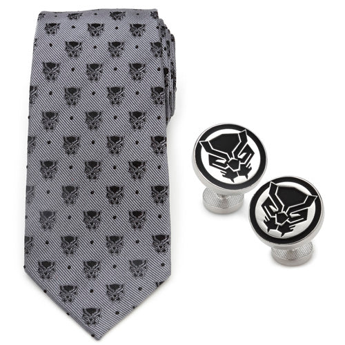 A Black Panther Gray Necktie Gift Set, consisting of a grey silk tie adorned with small black panther masks, paired with Marvel cufflinks featuring the same iconic design.