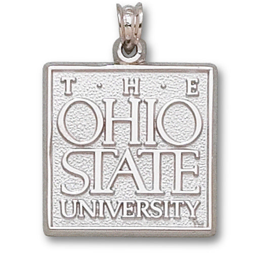 The Ohio State University THE OHIO STATE UNIVERSITY Silver Pendant is a sterling silver charm in the shape of a square, featuring embossed text "THE OHIO STATE UNIVERSITY." It has a textured background and includes a loop at the top for easy attachment to a necklace or bracelet.